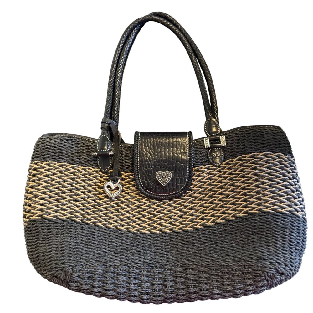 The Savannah Black & Tan Braided Woven Handbag By Brighton With Heart Charm Acce - Picture 1 of 14